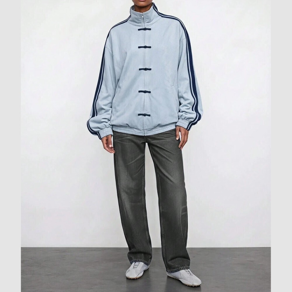 Sky Blue Track Jacket with Navy Stripes and Frog Closures - Picture 3 of 8